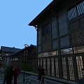 Traditional Commercial Street Featuring Wooden Architecture Lattice Windows Street Lamps and Evening Pedestrians