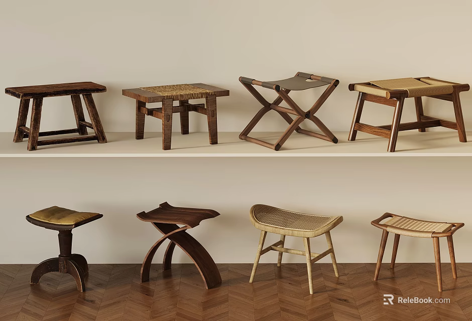 Various Artisanal Wooden Stools Featuring Rattan Seats And Crossed Curved Leg Designs 3d model 