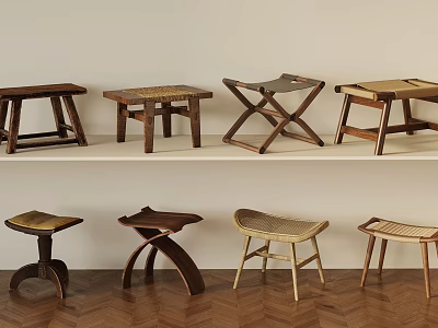 Various Artisanal Wooden Stools Featuring Rattan Seats And Crossed Curved Leg Designs 3d model