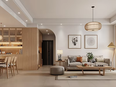 Natural Wood Tone Open Plan Living And Dining Room With Cozy Furniture And Soft Lighting 3d model