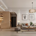 Natural Wood Tone Open Plan Living And Dining Room With Cozy Furniture And Soft Lighting