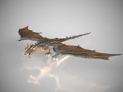Flying Dragon With Brown Wings Gray Body Open Mouth In Sky 3d model