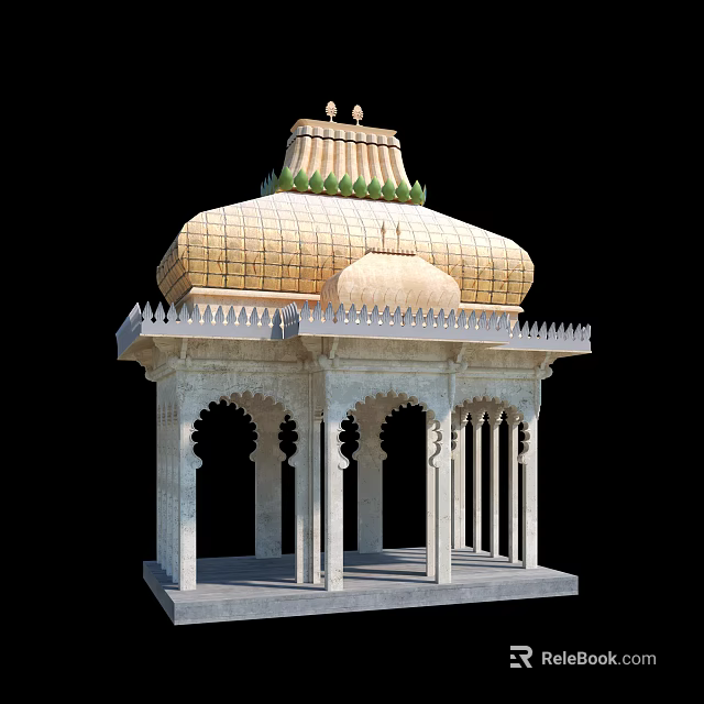 Traditional Stone Pavilion With Golden Dome And White Arched Pillars 3d model 