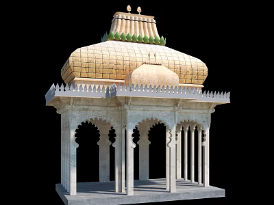 Traditional Stone Pavilion With Golden Dome And White Arched Pillars 3d model