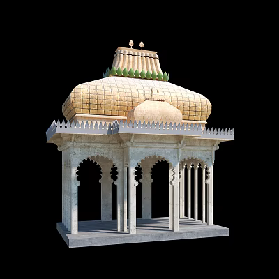 Traditional Stone Pavilion With Golden Dome And White Arched Pillars 3d model