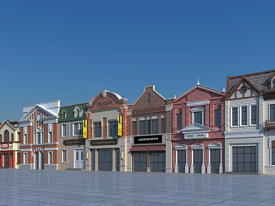 Colorful Commercial Complex With Diverse Architectural Styles Storefronts Glass Windows And Doors 3d model