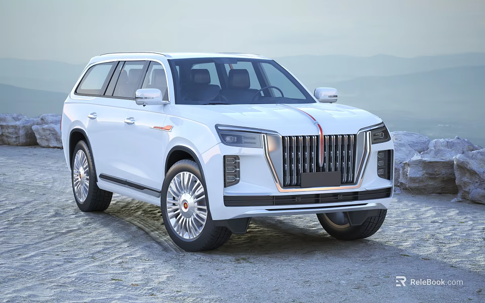 White Elegant SUV with Distinctive Front Grille and Red Accent Stripe in Mountain Gravel Setting 3d model 