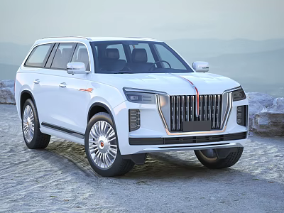 White Elegant SUV with Distinctive Front Grille and Red Accent Stripe in Mountain Gravel Setting 3d model