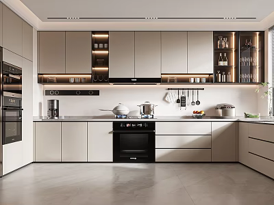 Modern Kitchen Design With White Cabinets Black Oven And Glass Shelves 3d model