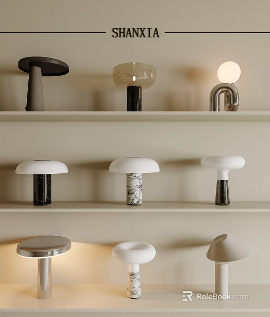Modern Stylish Table Lamps With Various Designs And Materials On Shelves 3d model