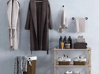 Stylish Bathroom Accessories Including Hanging Robes Towels Toiletries And Storage Baskets 3d model