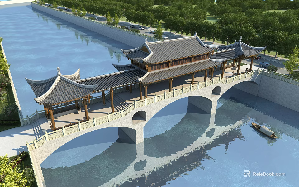 Ancient Architectural Bridge With Traditional Curved Eaves Roof Over River And Surrounding Trees 3d model 