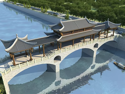 Ancient Architectural Bridge With Traditional Curved Eaves Roof Over River And Surrounding Trees 3d model