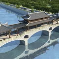 Ancient Architectural Bridge With Traditional Curved Eaves Roof Over River And Surrounding Trees