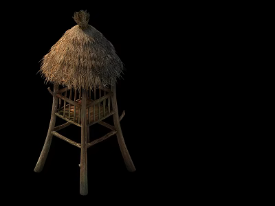 Rustic Traditional Wooden Watchtower With Thatched Roof And Elevated Platform 3d model