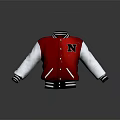 Red And White Varsity Jacket With Black N Letter Logo Button Front Striped Collar Cuffs