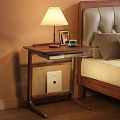 Wooden Bedside Table With Table Lamp Photo Frame And Coffee Mug