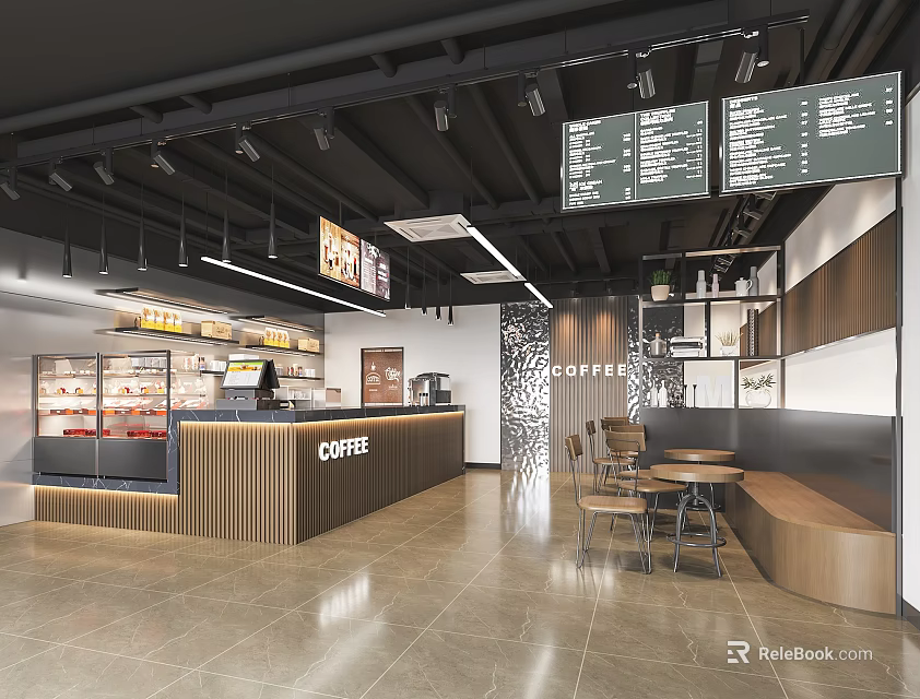 Modern Coffee Shop Interior Design With Counter Display Cases Menu Boards Tables And Bench 3d model 