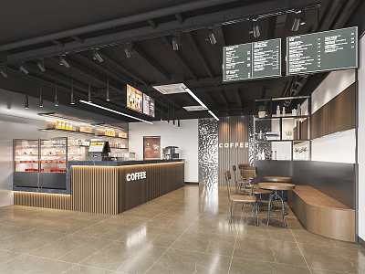 Modern Coffee Shop Interior Design With Counter Display Cases Menu Boards Tables And Bench 3d model