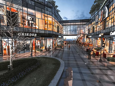Bustling Commercial Street With Modern Glass Facade Shops Pedestrian Walkway And Evening Landscaping 3d model