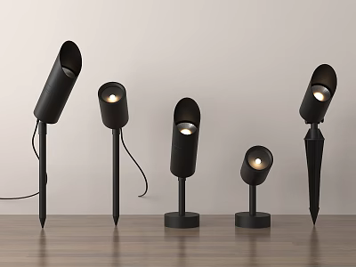 Modern Black Downlights and Spotlights with Various Stylish Designs on Wooden Surface 3d model