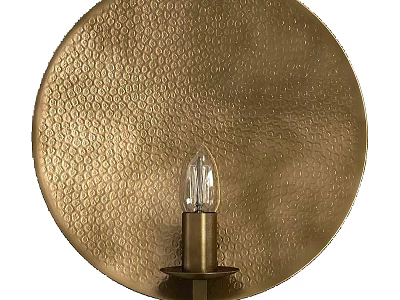 Round Brass Wall Lamp With Hammered Texture And Clear Glass Bulb 3d model