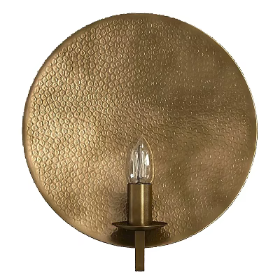 Round Brass Wall Lamp With Hammered Texture And Clear Glass Bulb 3d model