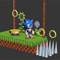 3D Game Scene Setup With Green Platform Blue Character Yellow Rings Sunflower And Spikes