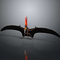 Giant Pterosaur With Large Wings And Fiery Red Orange Crest On Gray Background With Reflection