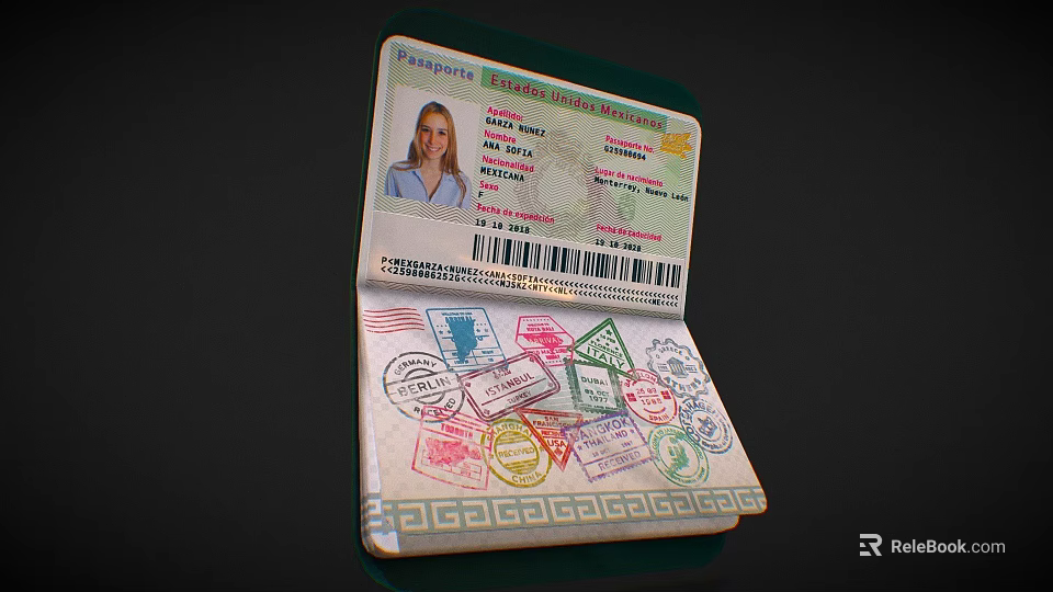 International Travel Passport Open With Multiple Visa Stamps And Personal Data Page 3d model 