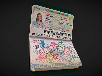 International Travel Passport Open With Multiple Visa Stamps And Personal Data Page 3d model