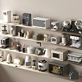 Various Kitchen Appliances Neatly Arranged On Light Beige Multi Tiered Shelves