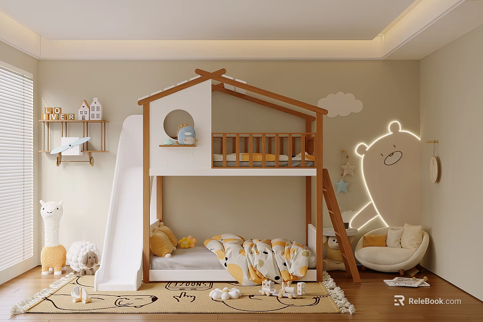 Cozy Kids Room With Bunk Bed Slide And Bear Decor 3d model 