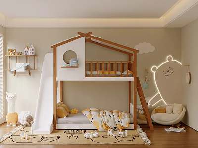 Cozy Kids Room With Bunk Bed Slide And Bear Decor 3d model