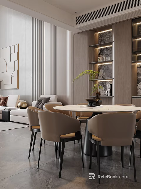 Luxurious Modern Restaurant Interior With Round Dining Table And Beige Chairs 3d model