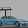 Light Blue Sports Car Parked With Green Canopy And White Background Wall