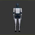 Blue And White Humanoid Robot Standing With Mechanical Structure And Grey Gradient Background