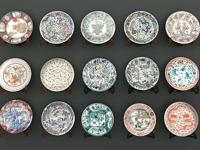 Colorful Decorative Plates With Various Patterns On Display Stands For Home Decoration 3d model