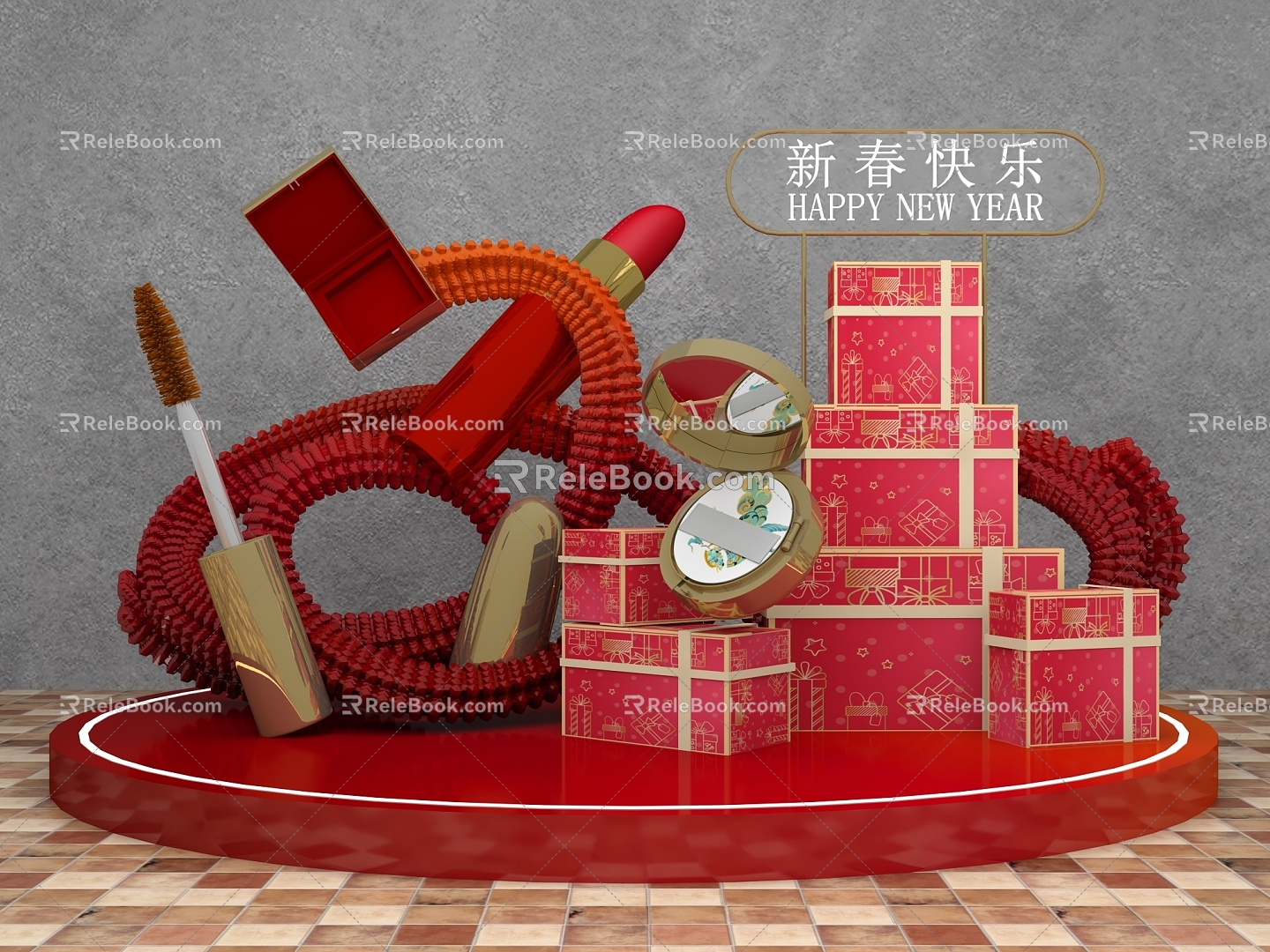 New Year Meichen Gift Box Stacking Ribbon Cosmetic Product Display 3d model