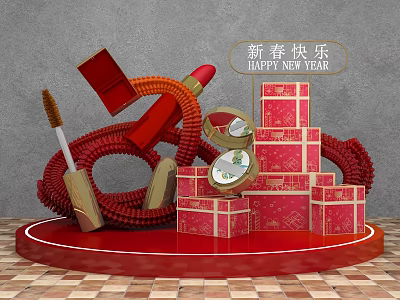 Festive Happy New Year Cosmetics Display With Red Gift Boxes And Decorations 3d model
