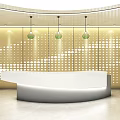 Modern Reception Desk Design With Curved Counter And Perforated Gold Wall Lighting