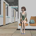 Game Movie Character Sitting on Chair in Hospital Corridor Wearing Green Dress and Beige Cardigan