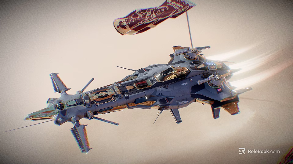 Futuristic Military Spaceship With Flag Flying In Deep Space Scene 3d model 