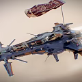 Futuristic Military Spaceship With Flag Flying In Deep Space Scene