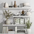 Decorative Ornament Set On White Shelves With Vases Plants Shell Frames And Books