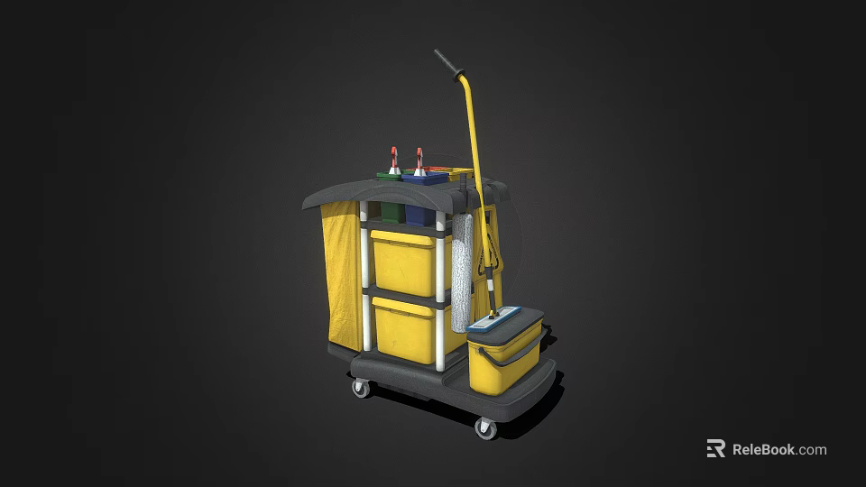 Practical Yellow Black Cleaning Cart With Wheels Storage Compartments And Cleaning Tools 3d model 