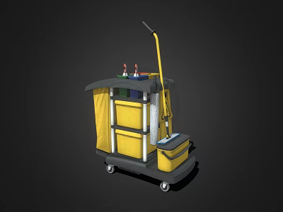 Practical Yellow Black Cleaning Cart With Wheels Storage Compartments And Cleaning Tools 3d model