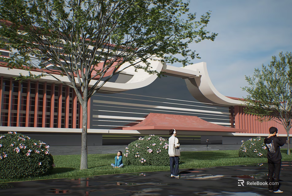 Modern Architectural Building With Red Curved Roof Green Trees Lawn And People 3d model 