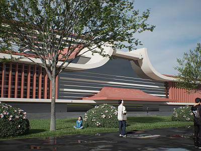Modern Architectural Building With Red Curved Roof Green Trees Lawn And People 3d model