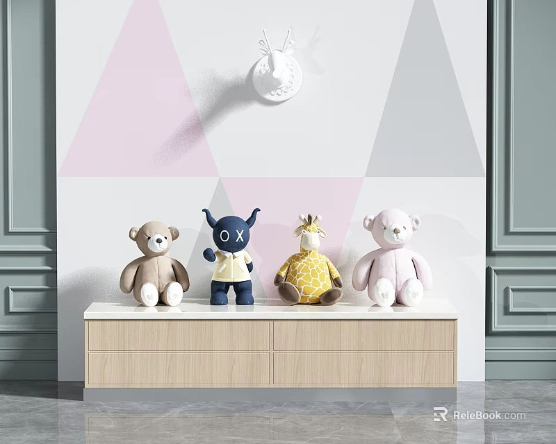 Cute Plush Stuffed Toys Display On Wooden Shelf With Geometric Wall Design 3d model 